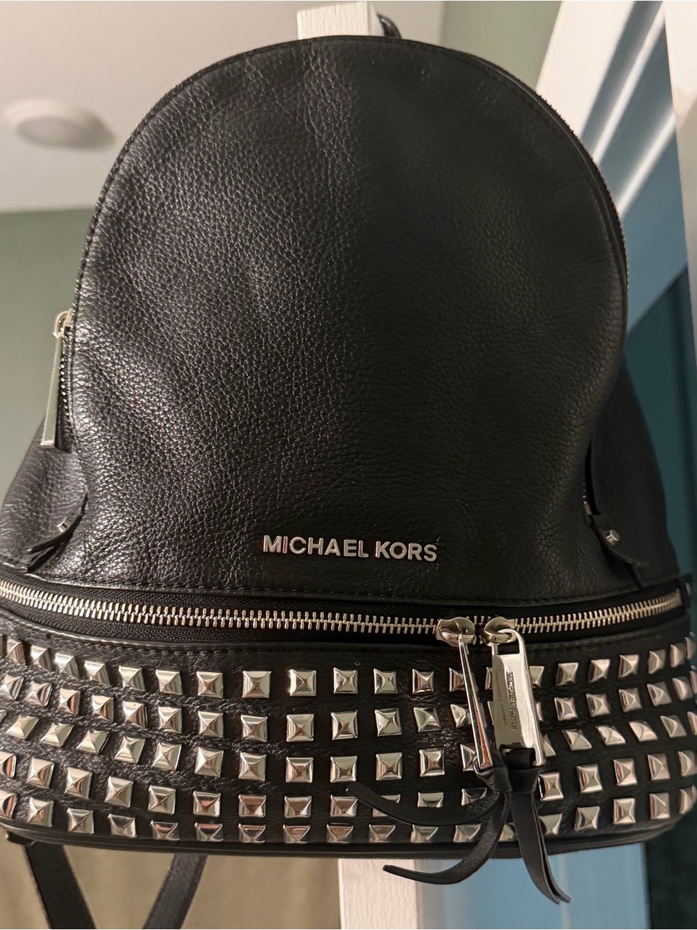 Michael Kors Black Pebbled Leather Studded Mini Backpack